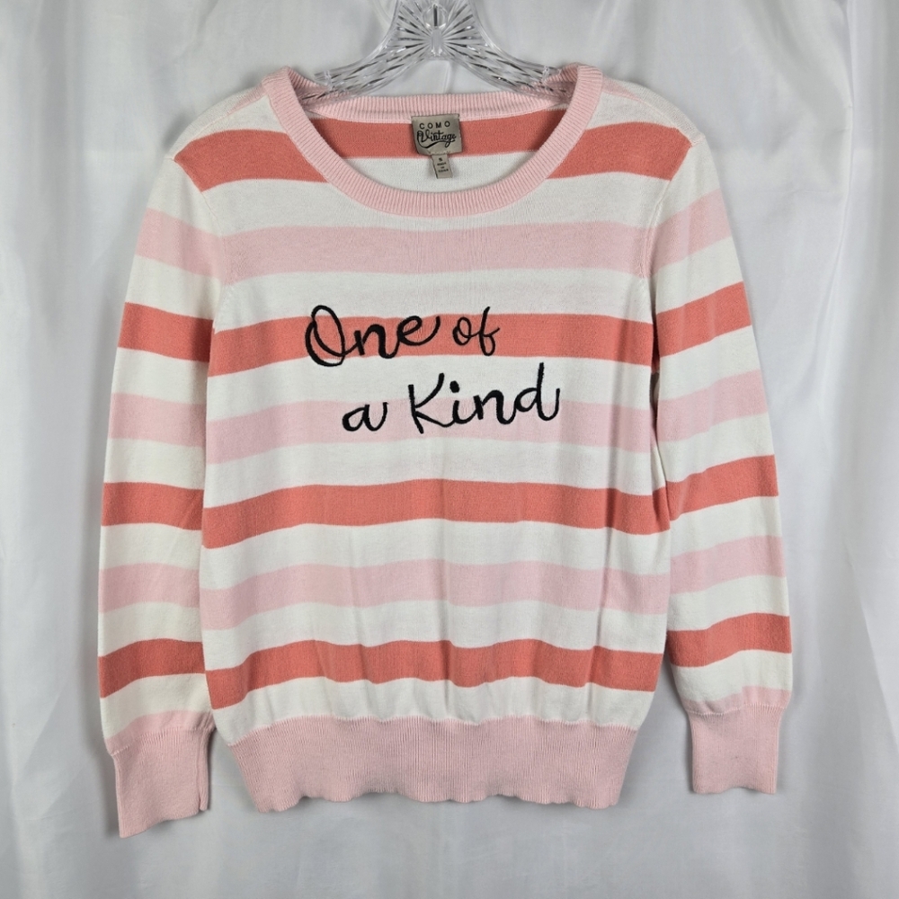 Como Vintage Pink White Striped "ONE OF A KIND" Crew Neck Sweater Womens Small